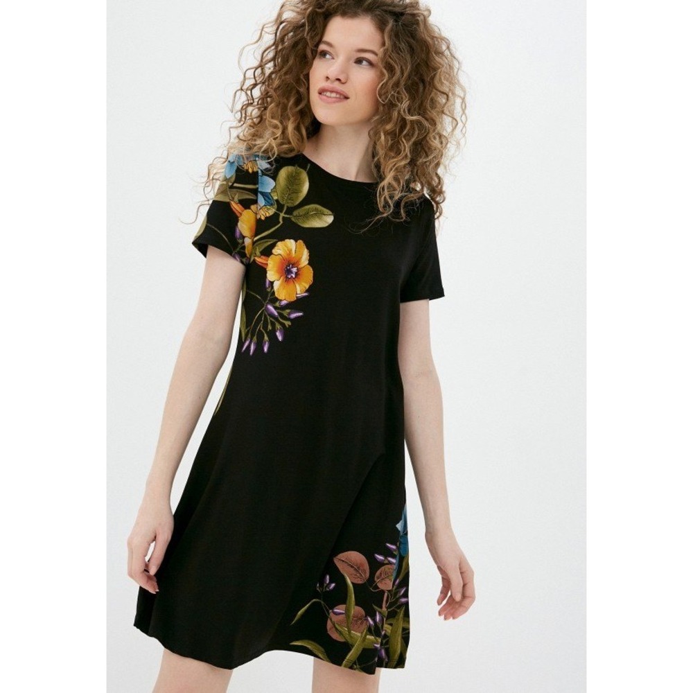 Desigual Floral Shift Dress XL Black Short Sleeve Jersey Boho Artistic Eclectic